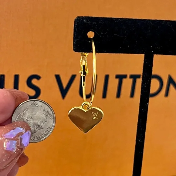 Upcycled Gold LV Louis Vuitton Stamped Charm Hoop Earrings - Picture 6 of 13